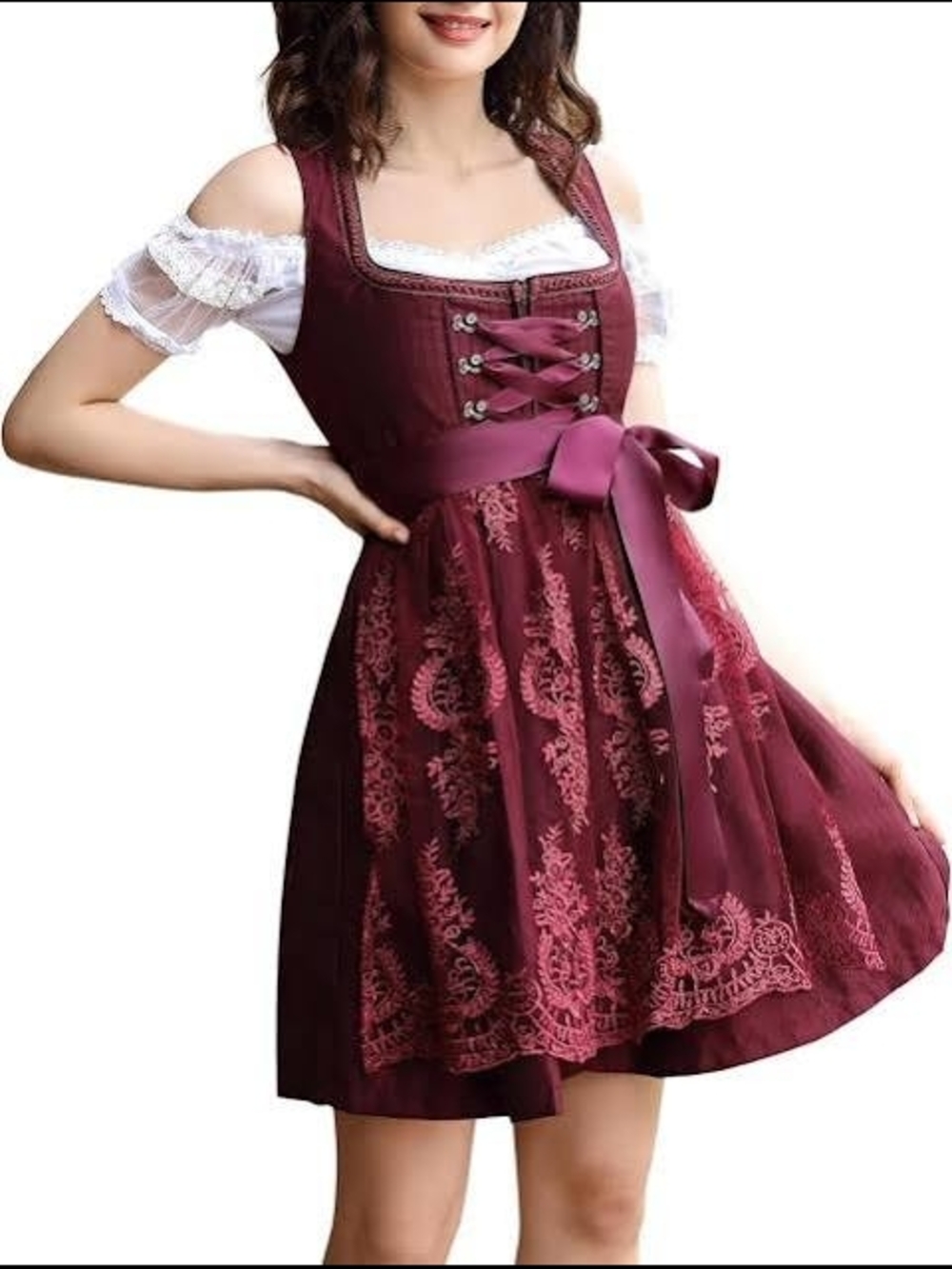 Women's Burgundy Embroidered Dirndl Dress with Ribbon Waist